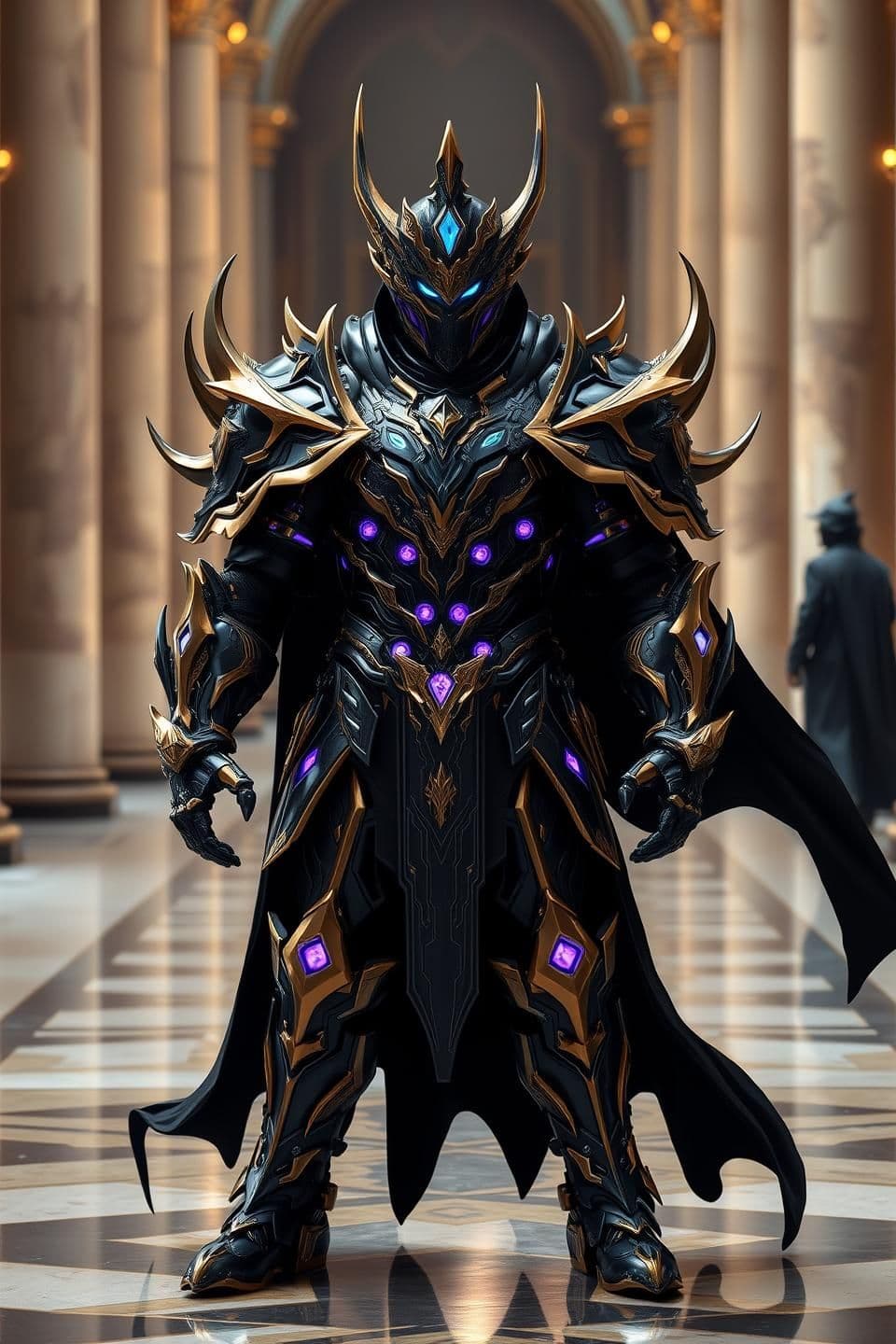 AI generated: Create a hyper-detailed, full-body portrait of a majestic armored warrior standing in a grand hall. The armor is a complex fusion of black obsidian metal and radiant gold plating,
