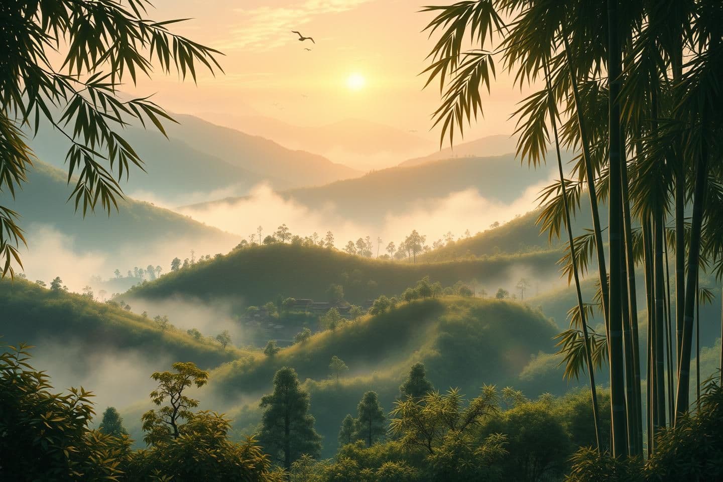 AI generated: Anime cinematic | soft lighting | Studio Ghibli-like atmosphere | watercolor tones | realistic nature details | gentle camera motion. Wide dawn shot — misty village valley surround