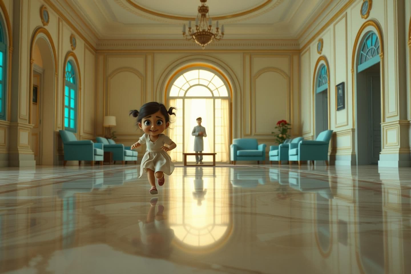 AI generated: cinematic, 4k, 4K ultra-detailed Disney Pixar movie style interior tracking shot of Hiya running toward Noren Kaka inside the grand drawing room of Mitra Mansion.
Camera moves back