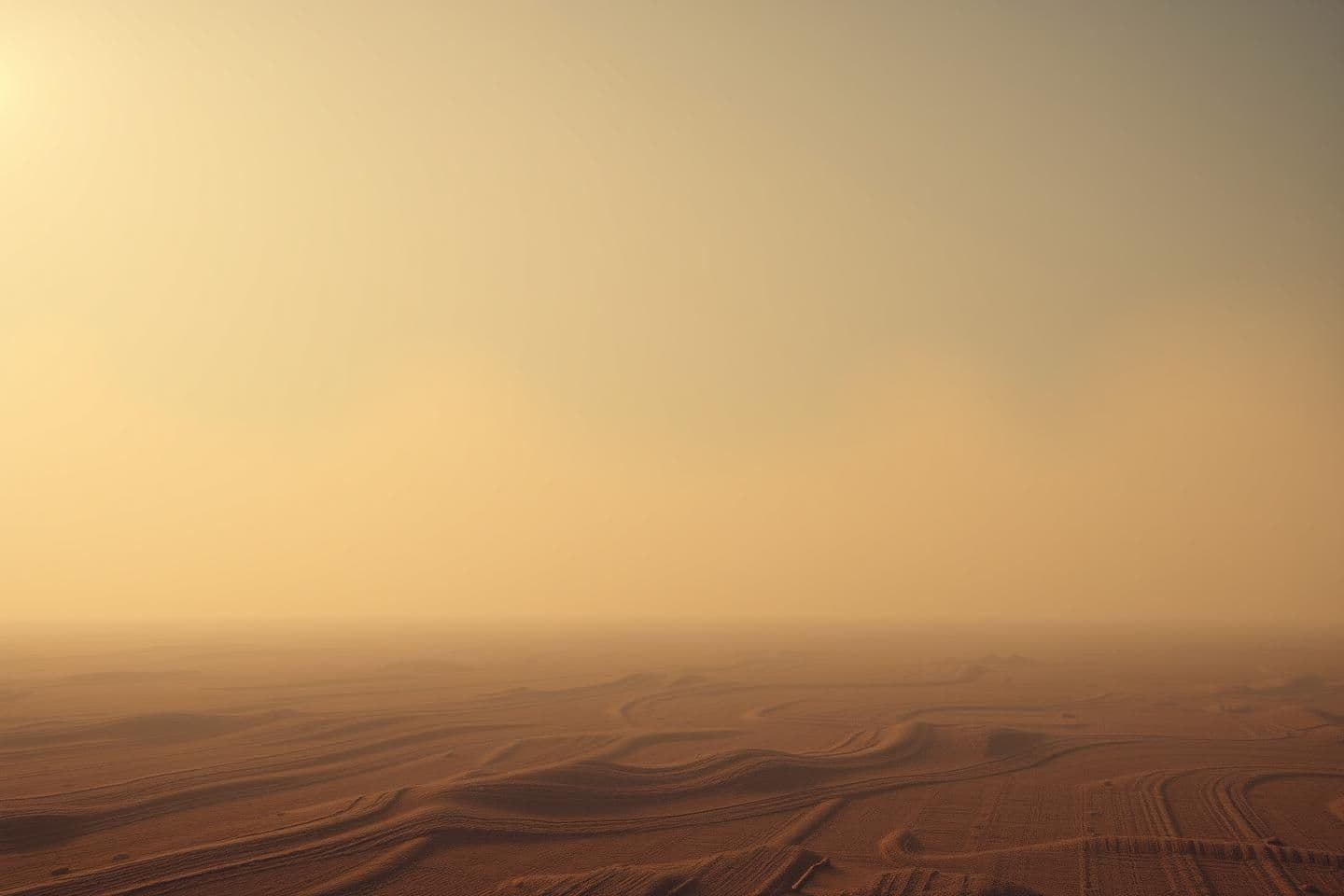 AI generated: A highly stylized 3D render of a vast, empty, fog-soaked landscape where the air seems to vibrate with unseen presence, with no characters present. The lighting matches a dim, mute