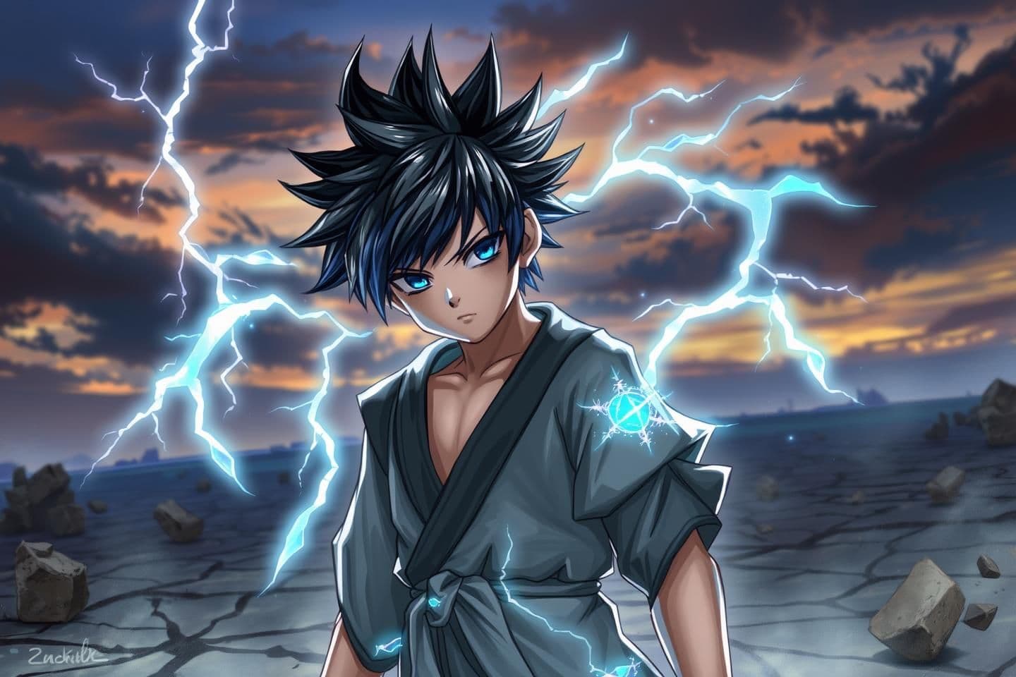 AI generated: A young warrior with spiky black hair and silver highlights, surrounded by a shimmering silver-blue aura. His eyes glow faintly, showing signs of heightened reflexes and calm focus