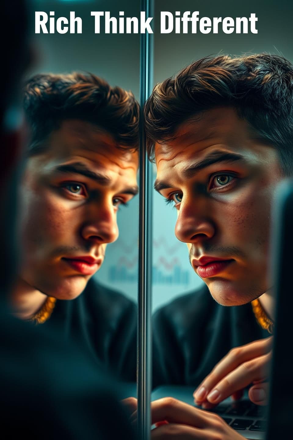 AI generated: cinematic close-up of a young man looking in two mirrors:
left reflection shows him flashy with gold chain, expensive phone;
right reflection shows him calm, focused with laptop an