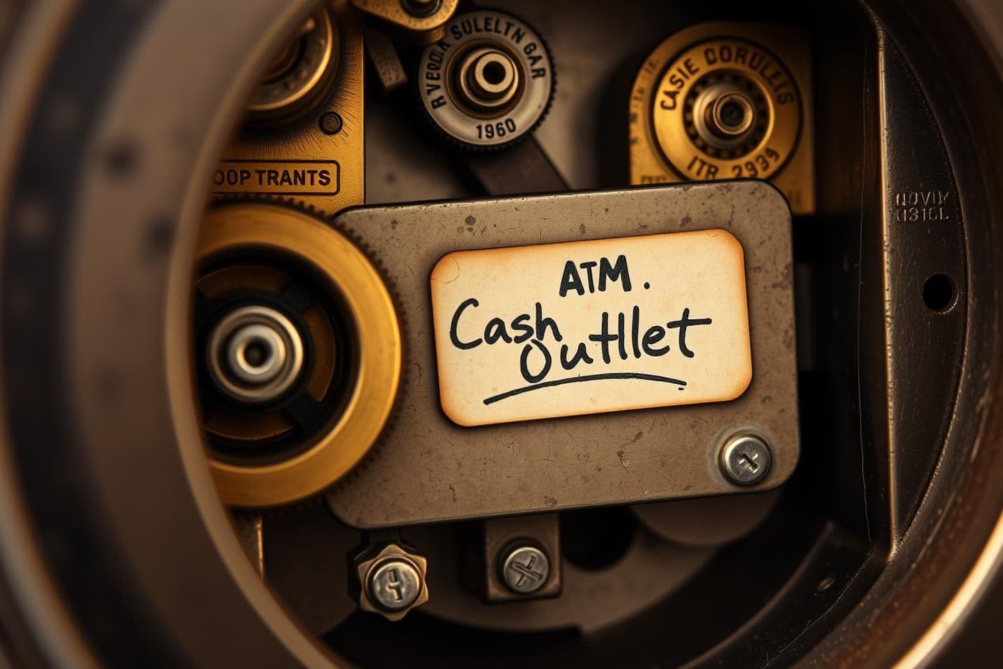 AI generated: Ultra-detailed close-up of the prototype ATM's inner mechanism (1960s mechanical components): brass rollers, cogwheels, stamped metal plates, paper currency path, handwritten label