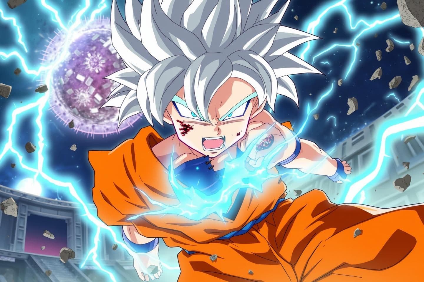 AI generated: anime warrior inspired by kid Goku with silver hair and glowing eyes being injured, wearing a torn orange gi, The warrior’s silver-blue aura flares violently, and the background sh
