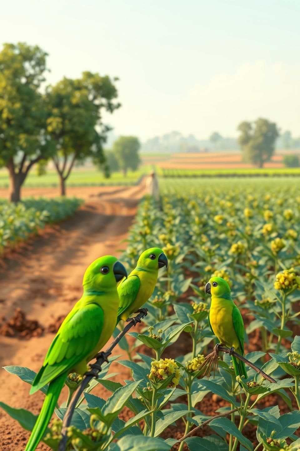 AI generated: IMPORTANT: Generate with all text in Hindi script only. Show an Indian rural opium field in a realistic style. It should be a soft, sunny morning. The main farmer (age 35, height 5