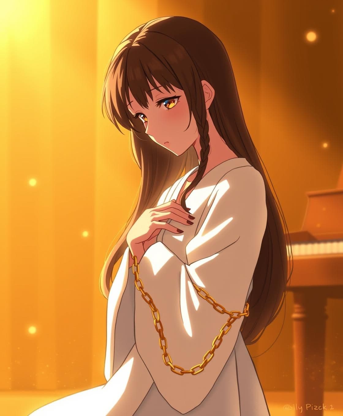 AI generated:
## 🎬 “Break Its Laws” — Anime Visual Prompt Pack
### 🖼️ Frame 1 – Opening Scene (0:00–0:07)
> *A soft golden stage under dim piano lighting. A young woman with long hair, tan
