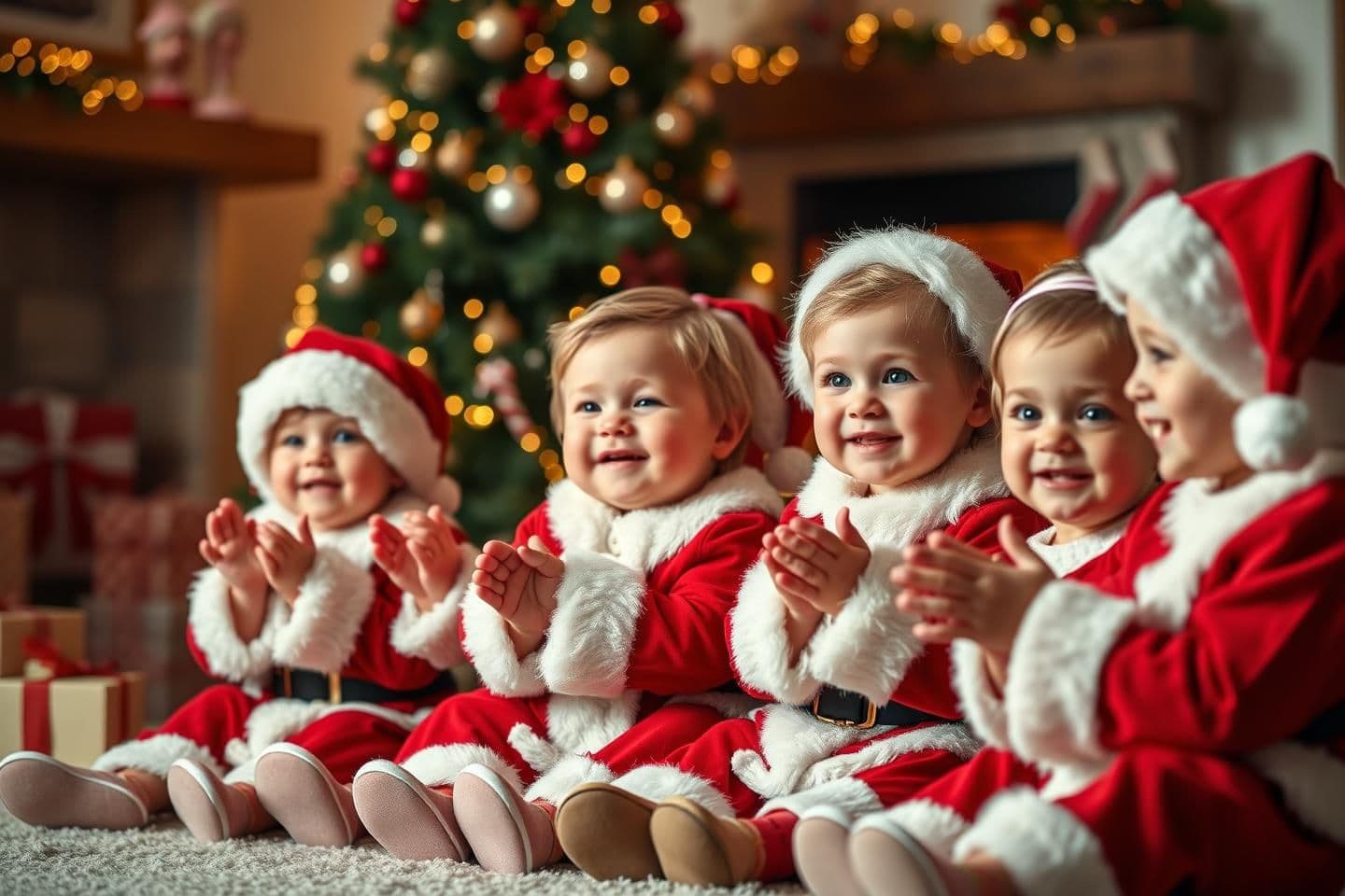 AI generated: super cute realistic toddlers wearing santa costumes, sitting together in a row, clapping hands, big happy smiles, soft studio lighting, christmas tree and gifts in background, war