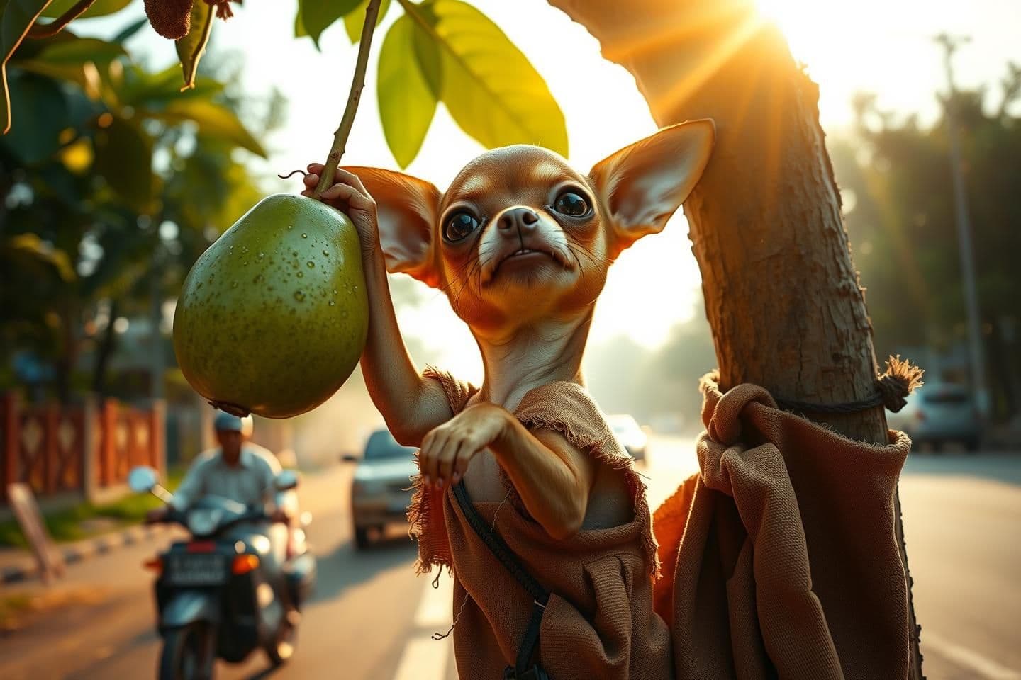 AI generated: *A tiny anthropomorphic Chihuahua puppy, extremely fragile, wearing oversized torn brown clothes with frayed threads, stretching its tiny paws upward to pluck a large fresh green g