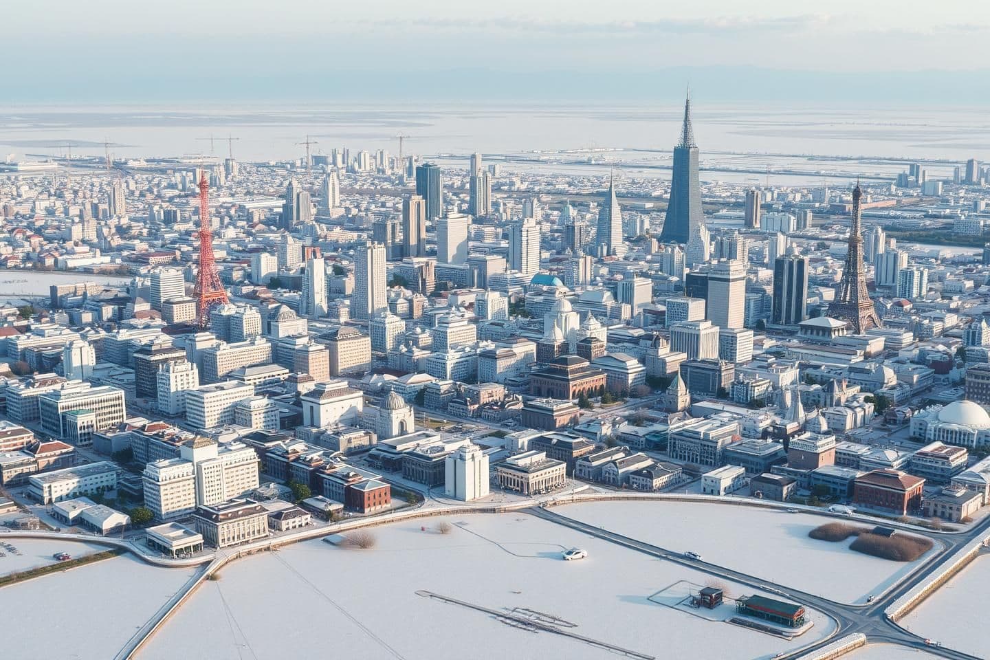 AI generated: Make an image of a massive city in a vast salt flat. This city should have modern buildings with slight hints of traditional Japanese architecture. Make sure it is lively and has a
