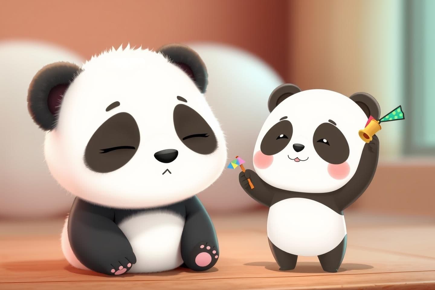 AI generated: Two pandas on screen.
Same baby panda Tofu: fluffy white fur, round black eye patches, tiny ears, very sleepy expression with half-closed eyes.
Mini panda character: very small, en