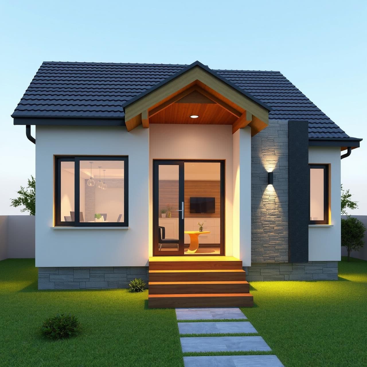 AI generated: 3D rendering of a modern, compact 3-bedroom north-facing house on a 3-cent plot. Show the front façade with a small porch, sliding glass doors and windows, warm wood and stone acce