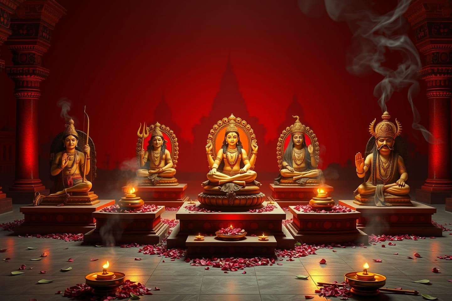 AI generated: A grand cinematic 16:9 scene showing five sacred Shiva Lingams established by Lord Shri Ram, Lord Dattatreya, Harikesh Rishi, King Priyavrat, and Lord Brahma. Place each Lingam in