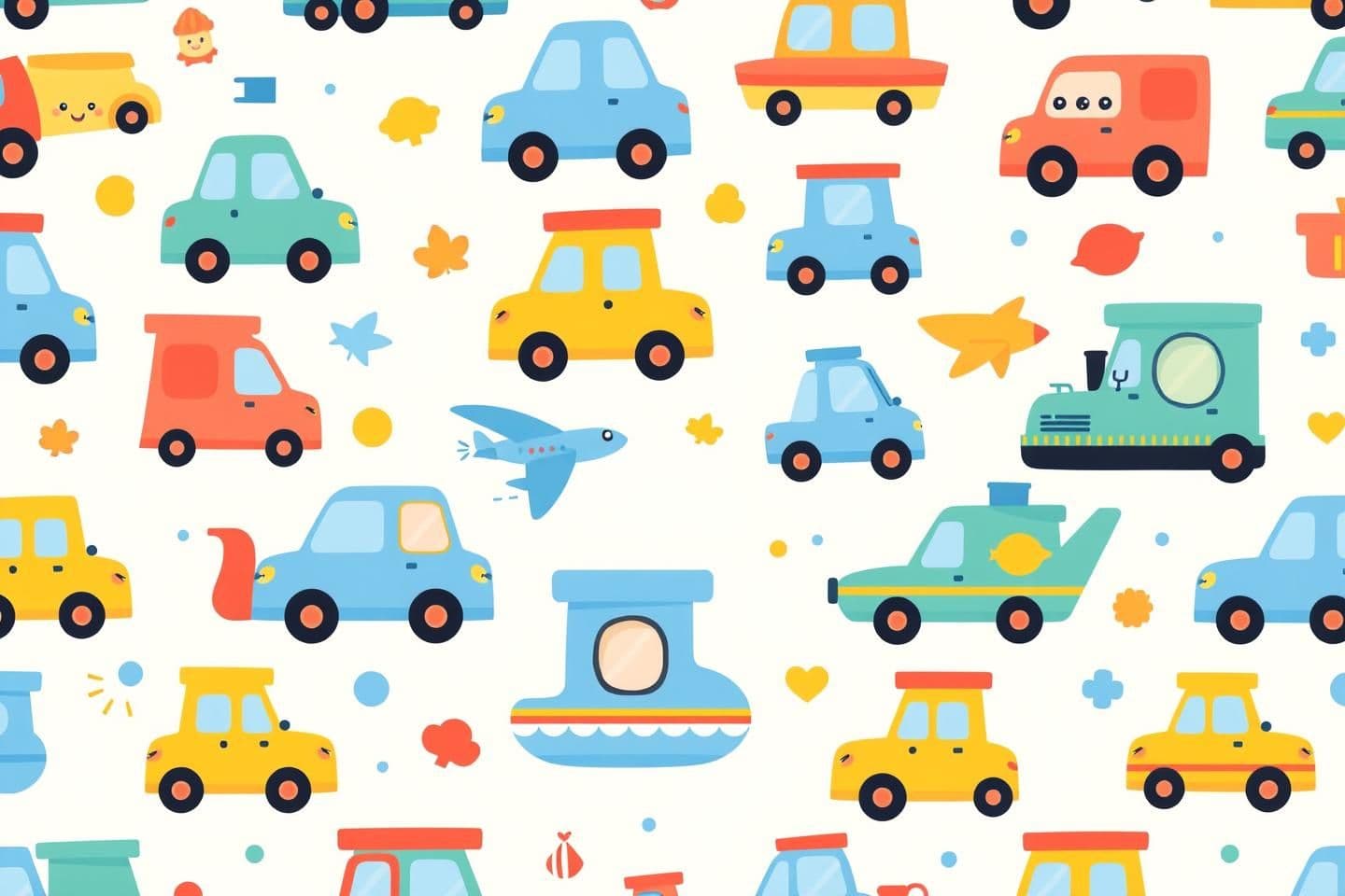 AI generated: “Colorful kawaii vehicles pattern for back cover, repeating cute cars, trucks, airplanes, trains, boats with smiling faces, soft pastel background, playful fun design, clean empty