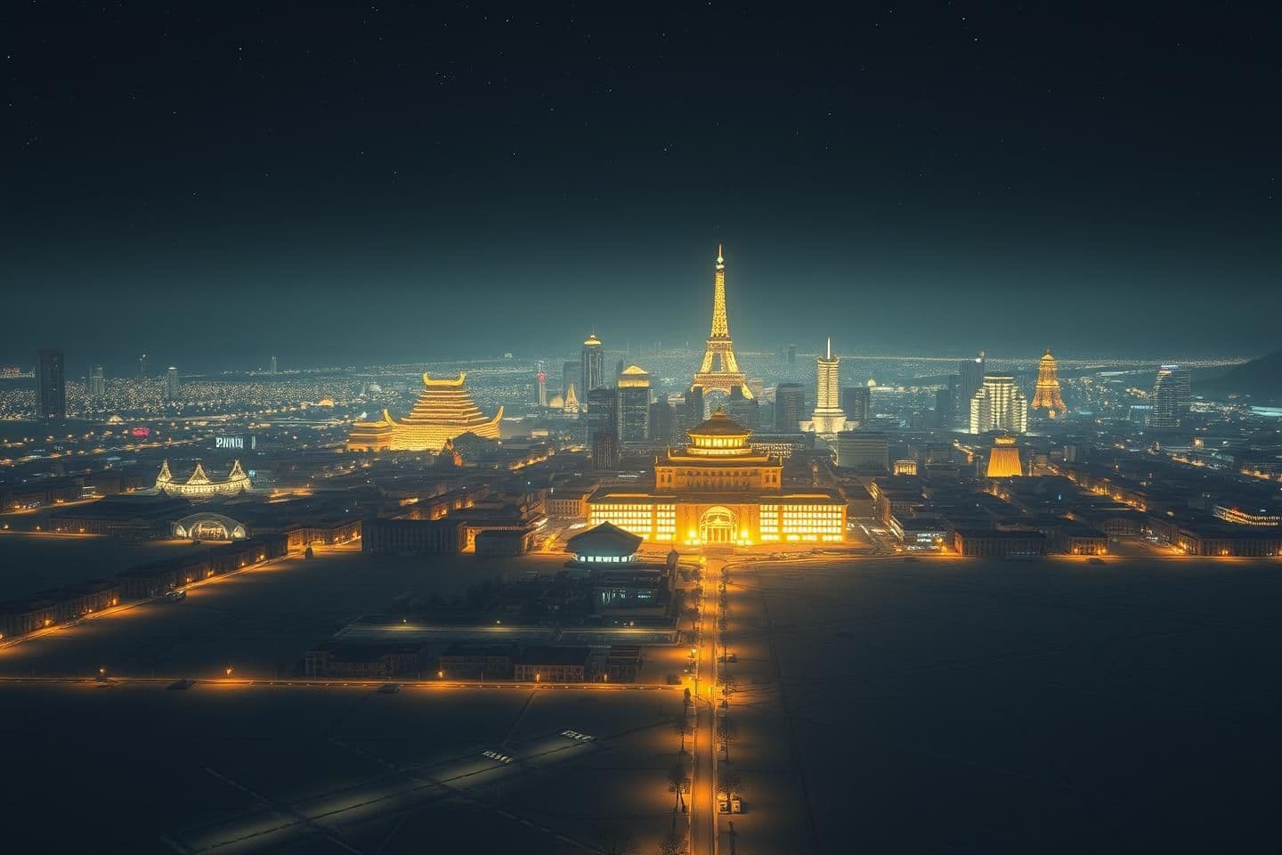 AI generated: Make a few images of a sprawling vast capital city in the middle of a vast salt flat at night. The city should have buildings that look modern and almost like ivory but should have