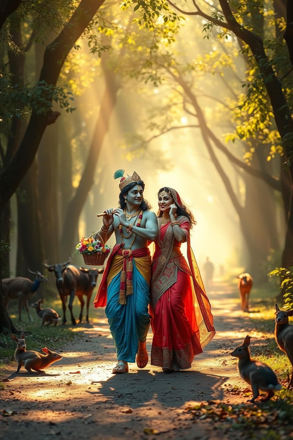 AI generated: Create an image
Radha and Krishna walking together through a lush Vrindavan forest path, soft golden sunlight filtering through tall trees, gentle breeze moving the leaves, peacock