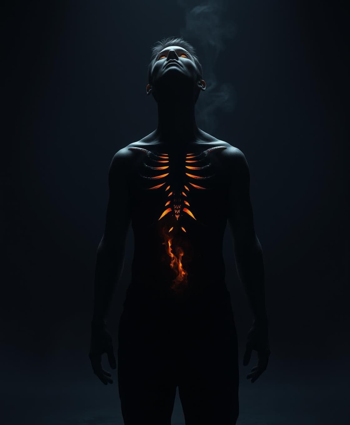 AI generated: Show a human standing in a dim environment, looking outward as if searching for a monster, while behind his chest a shadowy demonic silhouette forms from within. The external world