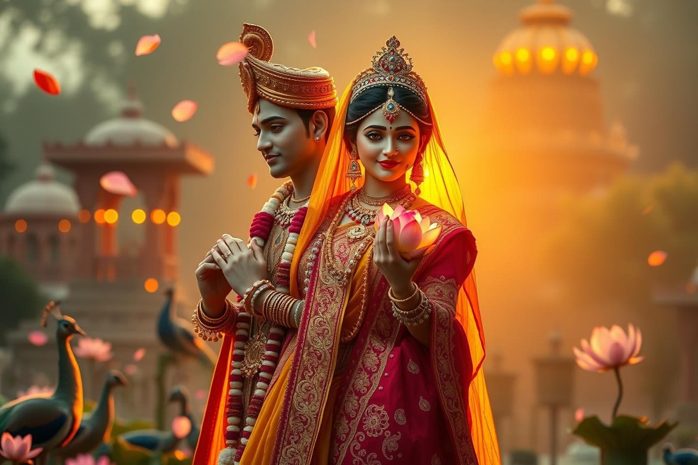 AI generated: A serene devotional cinematic background for 16:9 video editing, Radha Rani standing gracefully, divine glowing aura, soft golden sunrise light, Vrindavan temple background, peacoc