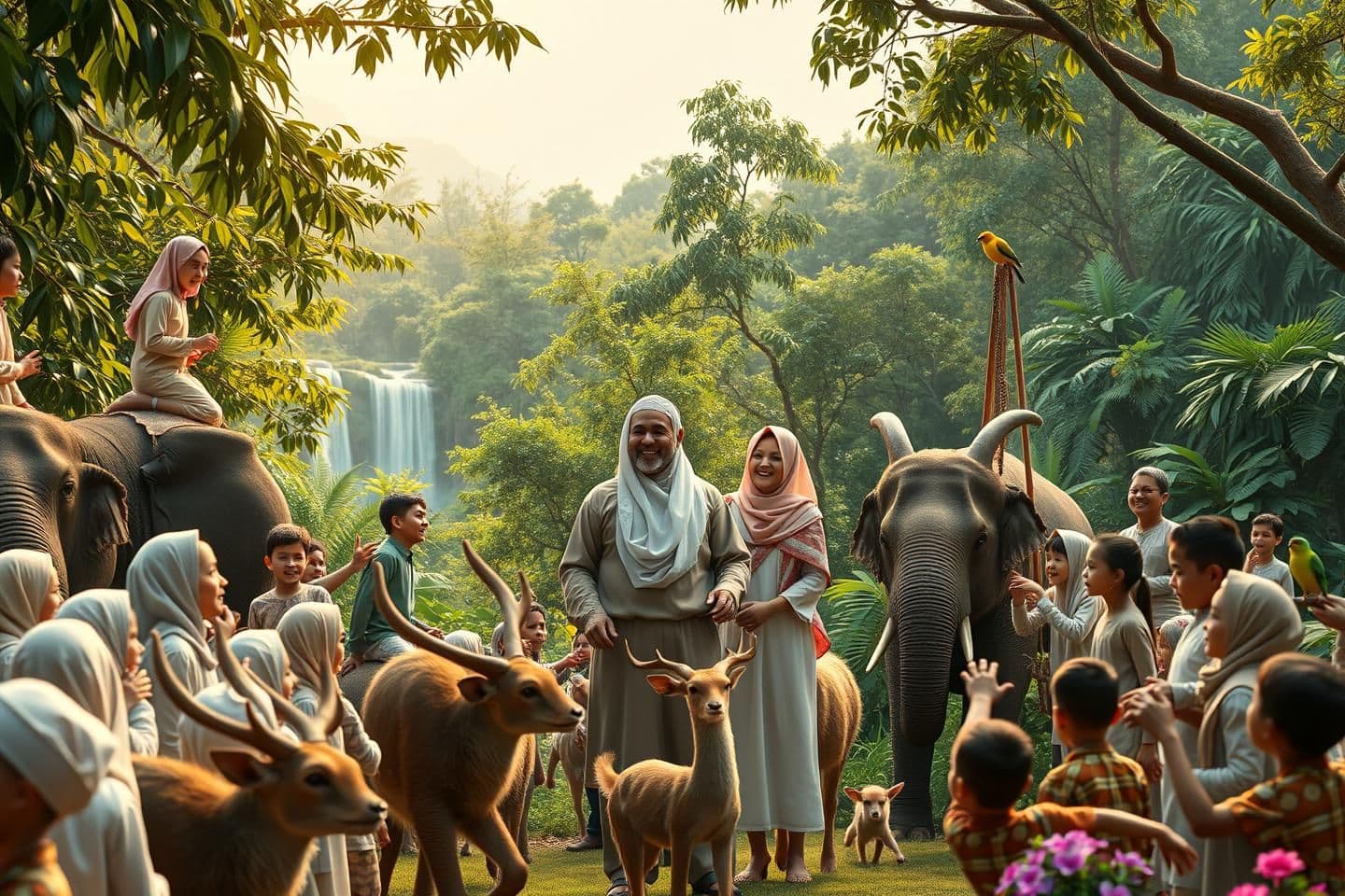 AI generated: "Ultra realistic 3D HD DSLR camera style wide 16:9 cinematic scene of dozens of joyful young Muslim children wearing traditional Islamic caps and kurtas, now playing together with