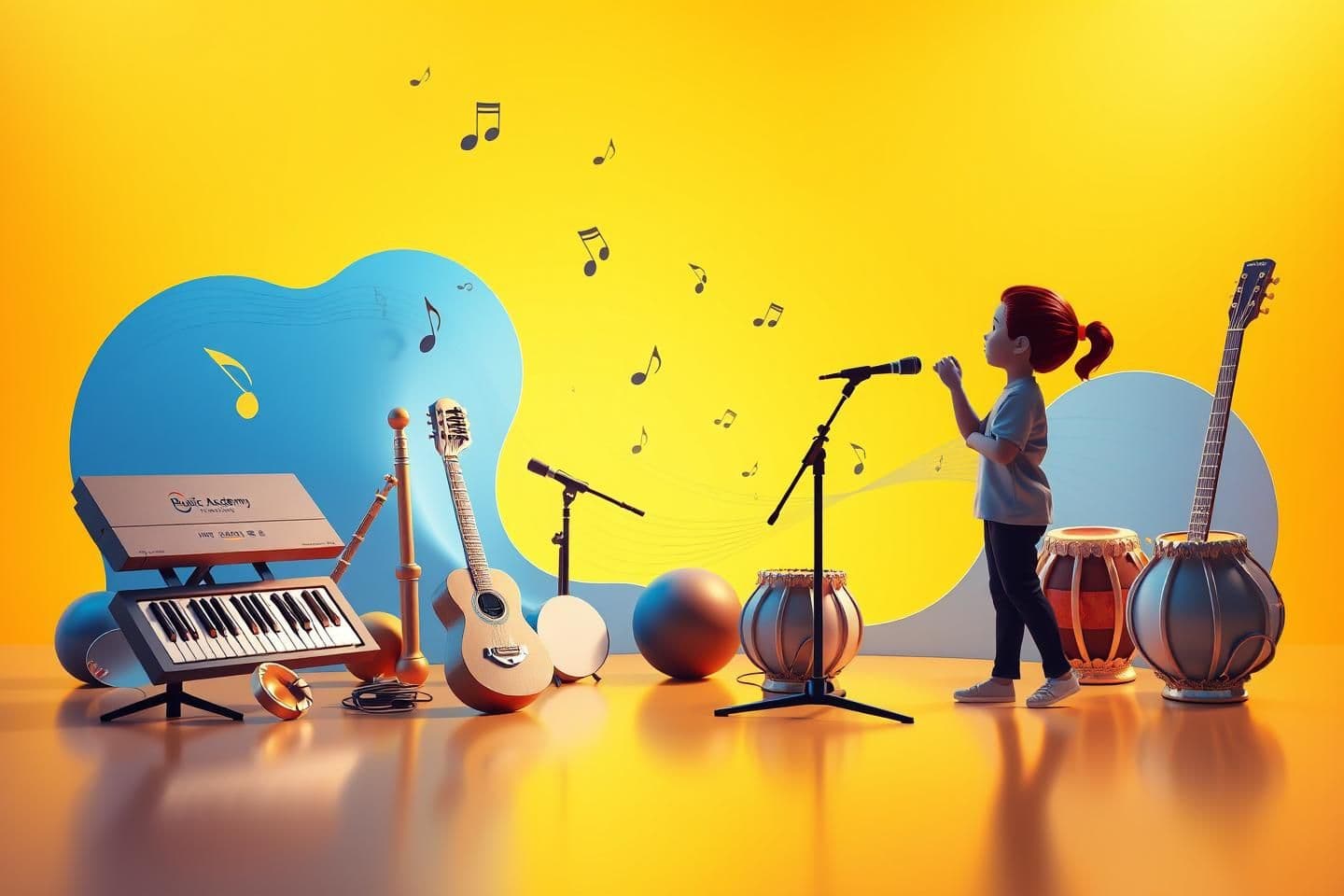AI generated: A vibrant music academy brochure cover, elegant modern design, soft golden and blue color theme, musical notes floating in the background, high-quality 3D instruments arranged neat