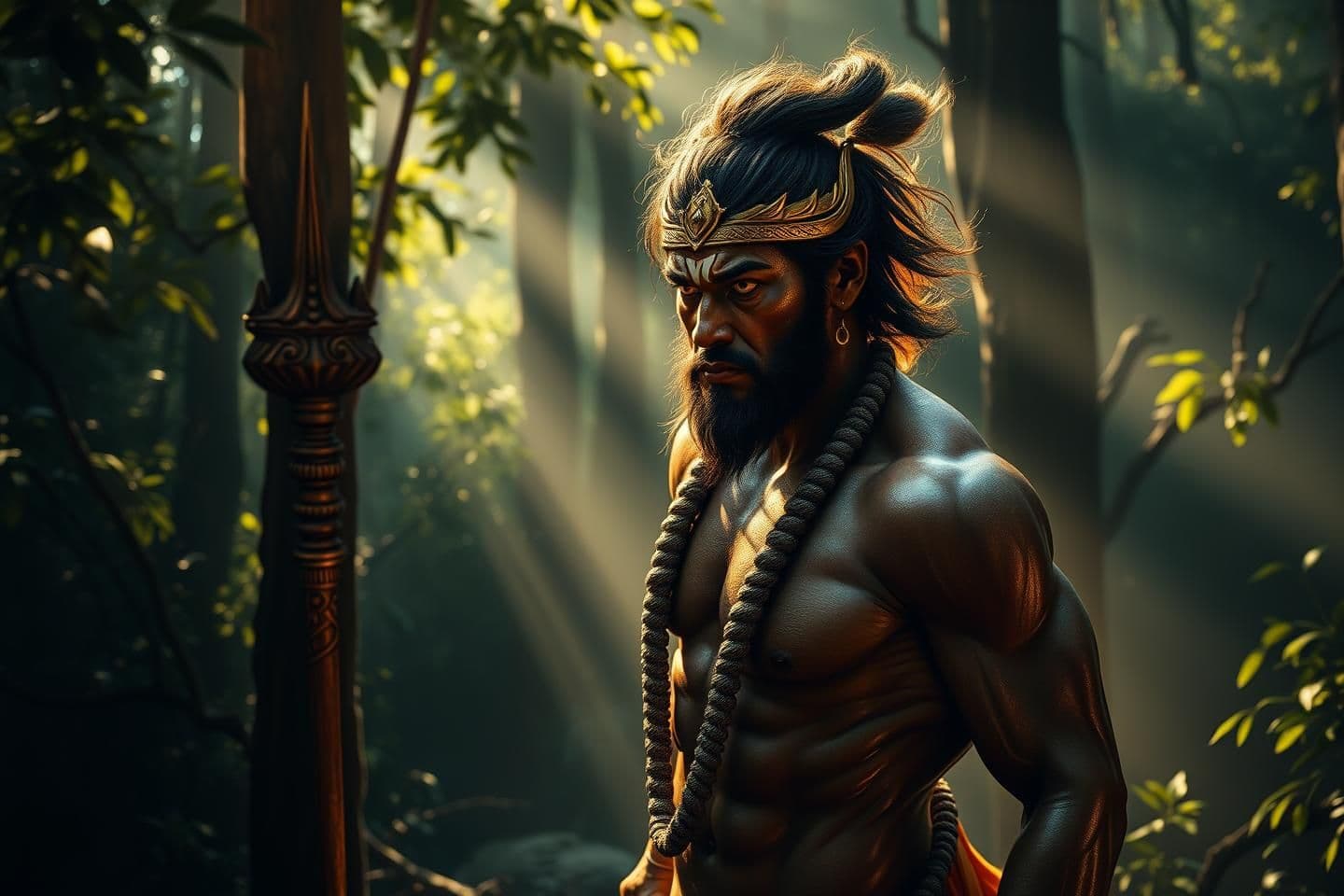 AI generated: Create an ultra-realistic, 8K cinematic artwork of Lord Hanuman standing in a real dense ancient forest. He has the physique of a powerful bodybuilder, with tensed, defined muscles