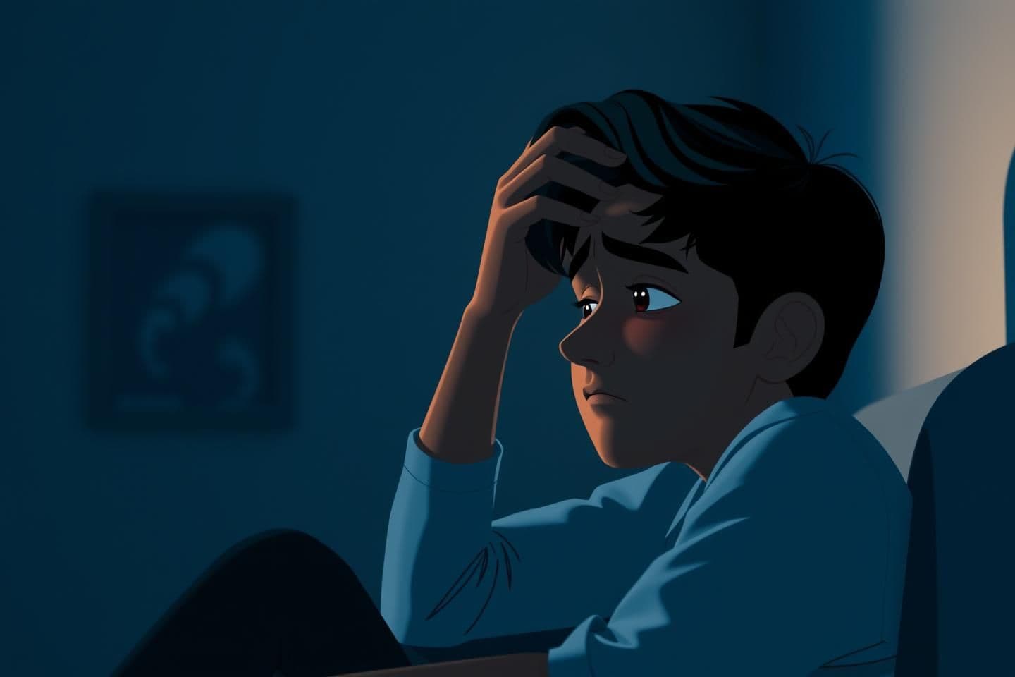 AI generated: create whitboard animation style A young Indian person sitting alone in a dimly lit room, looking mentally tired and overwhelmed, hand on forehead, soft emotional expression. Soft