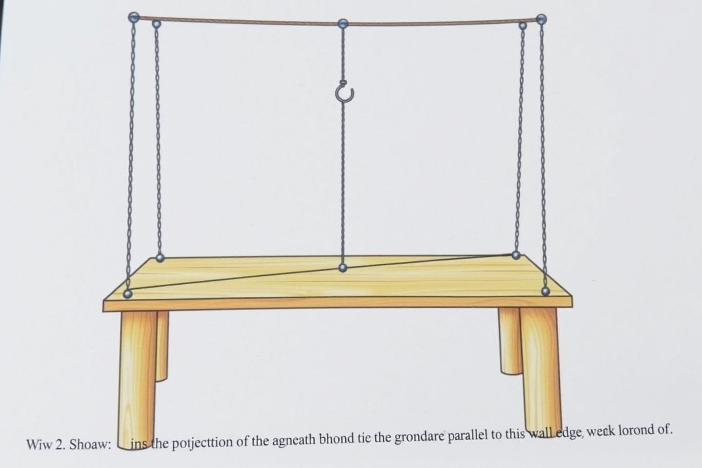 AI generated: 2 A horizontal woodren platform 2 M long and 1.5 M wide is supported by four chains from its corners and chairis are attached to a hook 5 M above the center of the platform as show