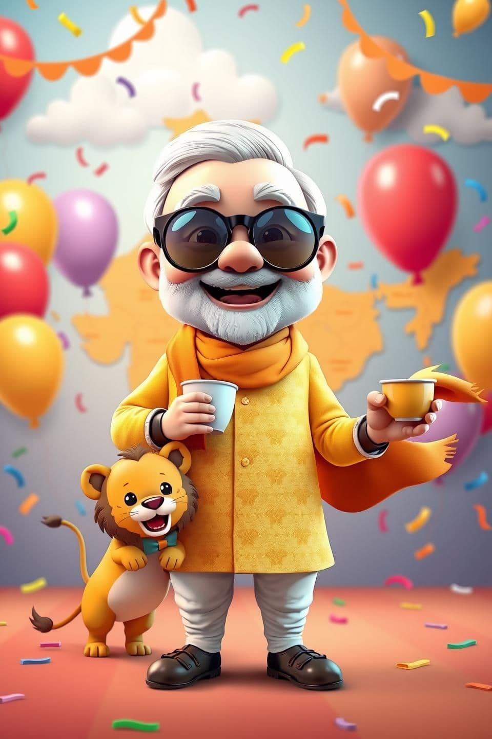 AI generated: “A cute and funny 3D cartoon version of Narendra Modi giving a big cheerful smile, wearing oversized round sunglasses and holding a tiny cup of chai. He is standing in front of a c