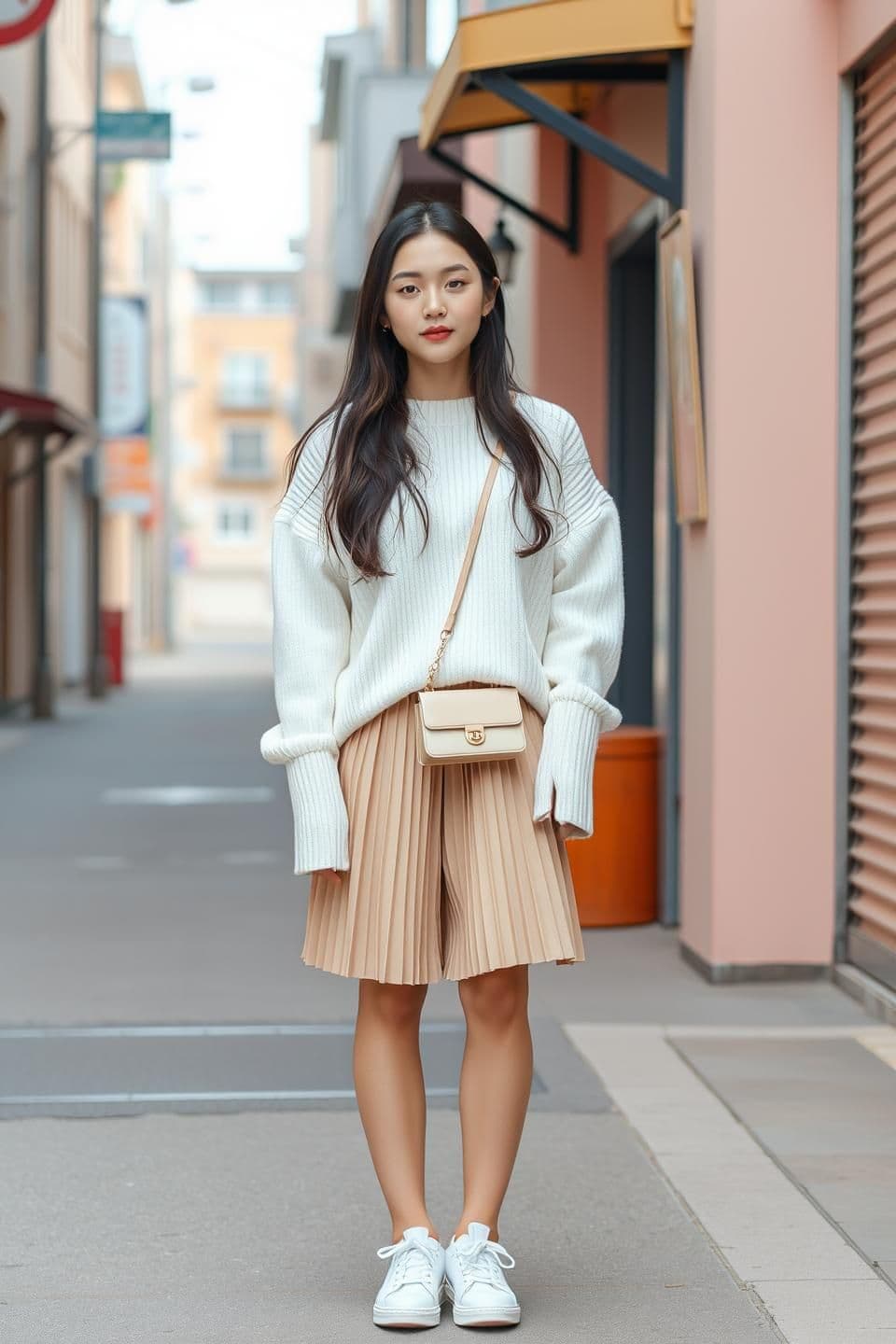 AI generated: “A Korean fashion girl standing in a soft pastel street background, slightly far away from the camera. Clean realistic style. Soft natural lighting, light pink & beige tones. Calm