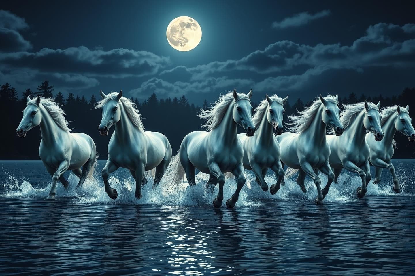 AI generated: “Eight majestic white horses running through shallow water under a bright full moon, ultra-realistic 8K detail. Moonlight reflecting on the water, creating glowing ripples. Horses’