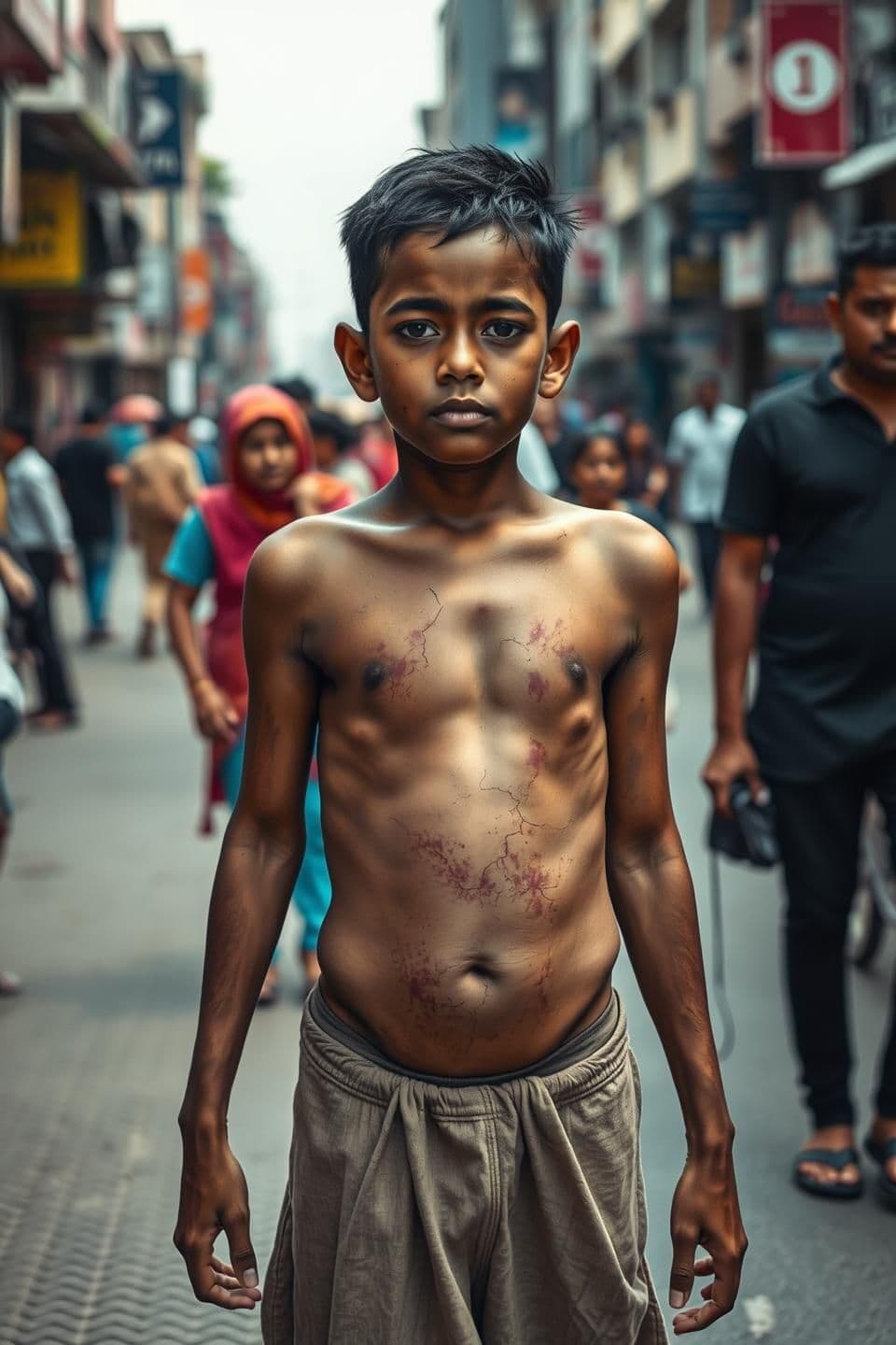 AI generated: An innocent Indian person standing in a city environment, surrounded by people going about their normal day, with soft symbolic cracks on their skin representing emotional wounds,
