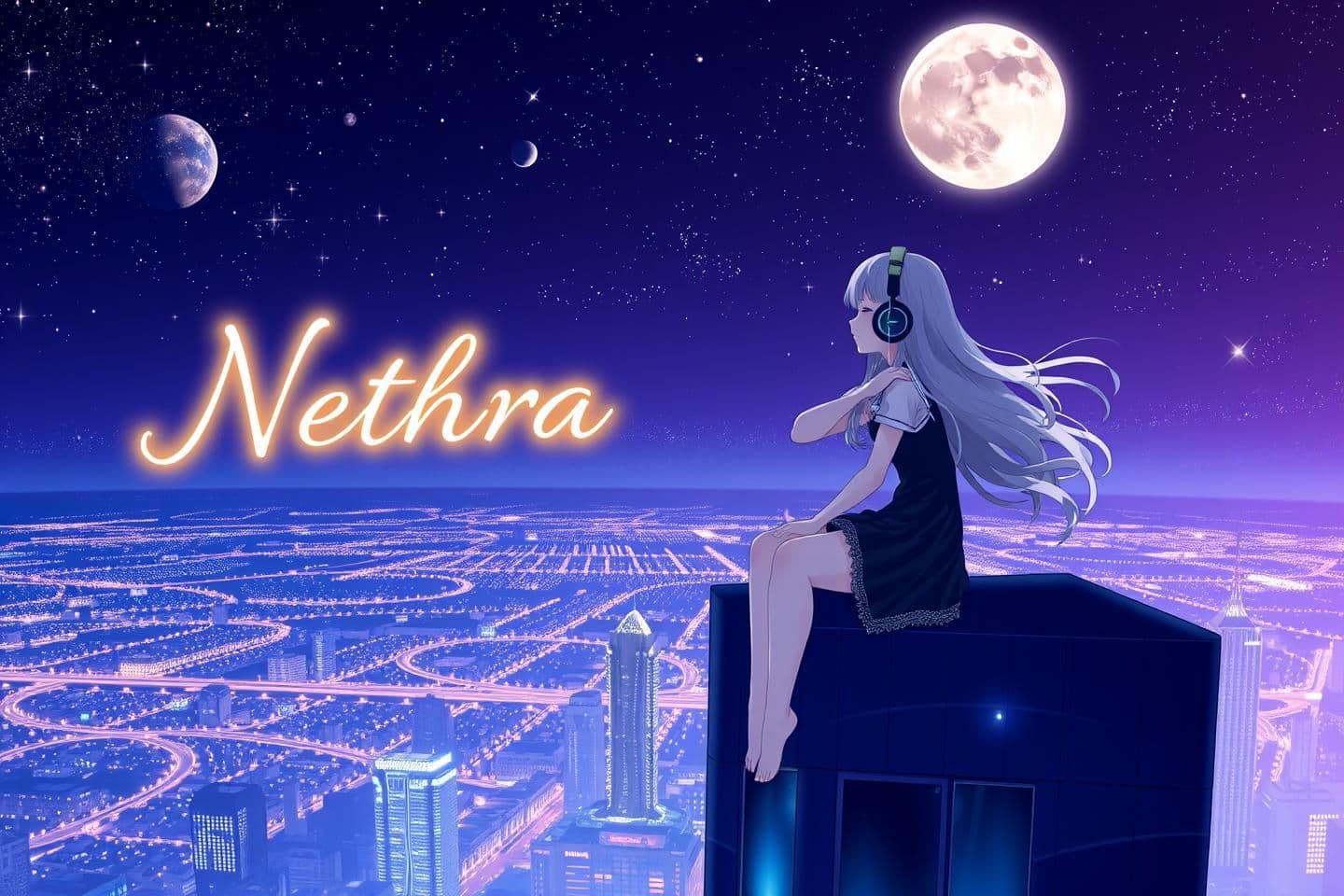 AI generated: Description :
An anime-style girl witg soft, flowing hair sitting gracefully on the edge of the highest skyscraper at night. She's wearing large, modern headphones, lost in mus