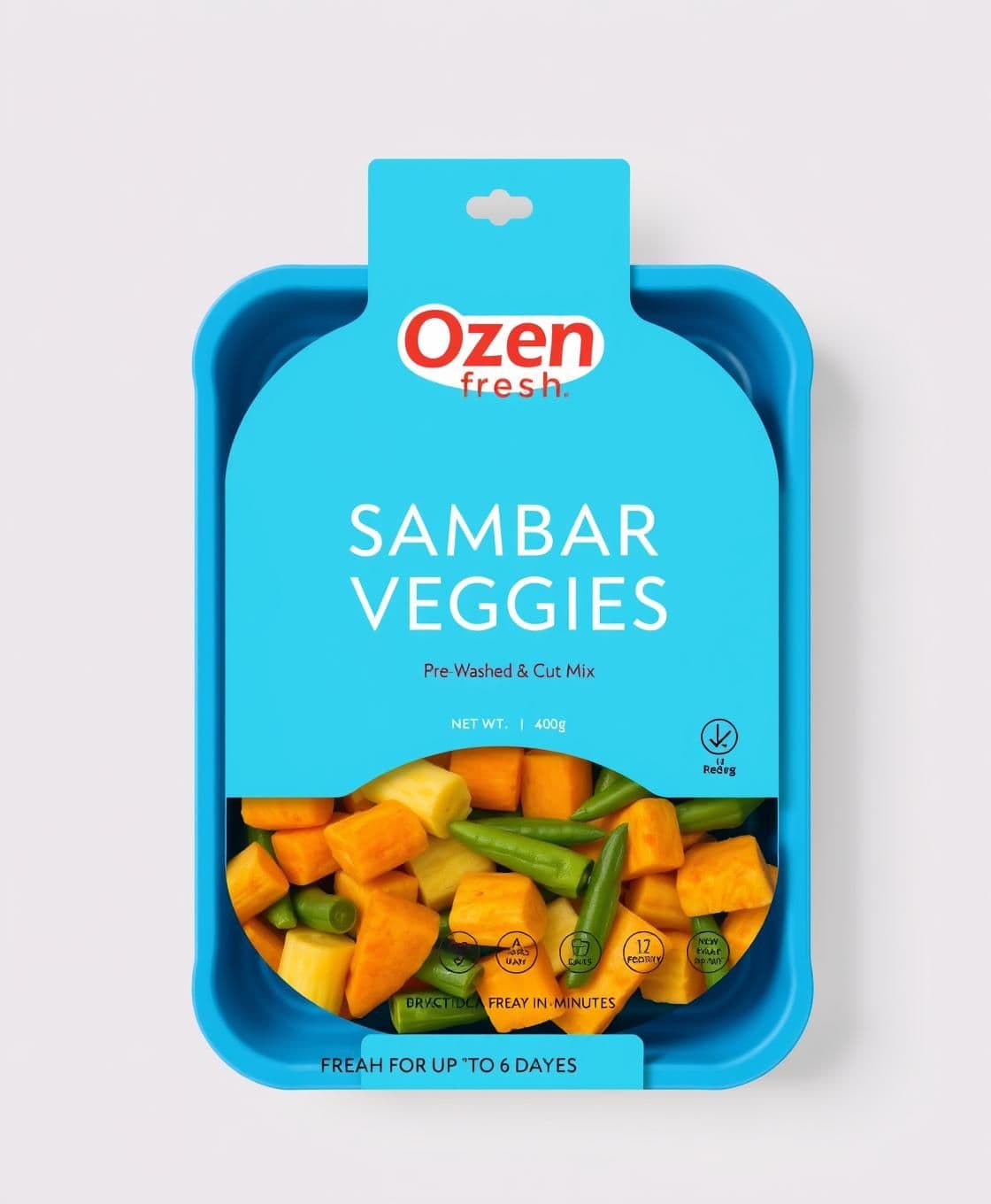 AI generated: Design a premium retail pack for Ozen Fresh – Sambar Veggies (Pre-Washed & Cut Mix) inspired by the blue-tray examples, but with a new and distinct look.
Packet Style
Use a brigh