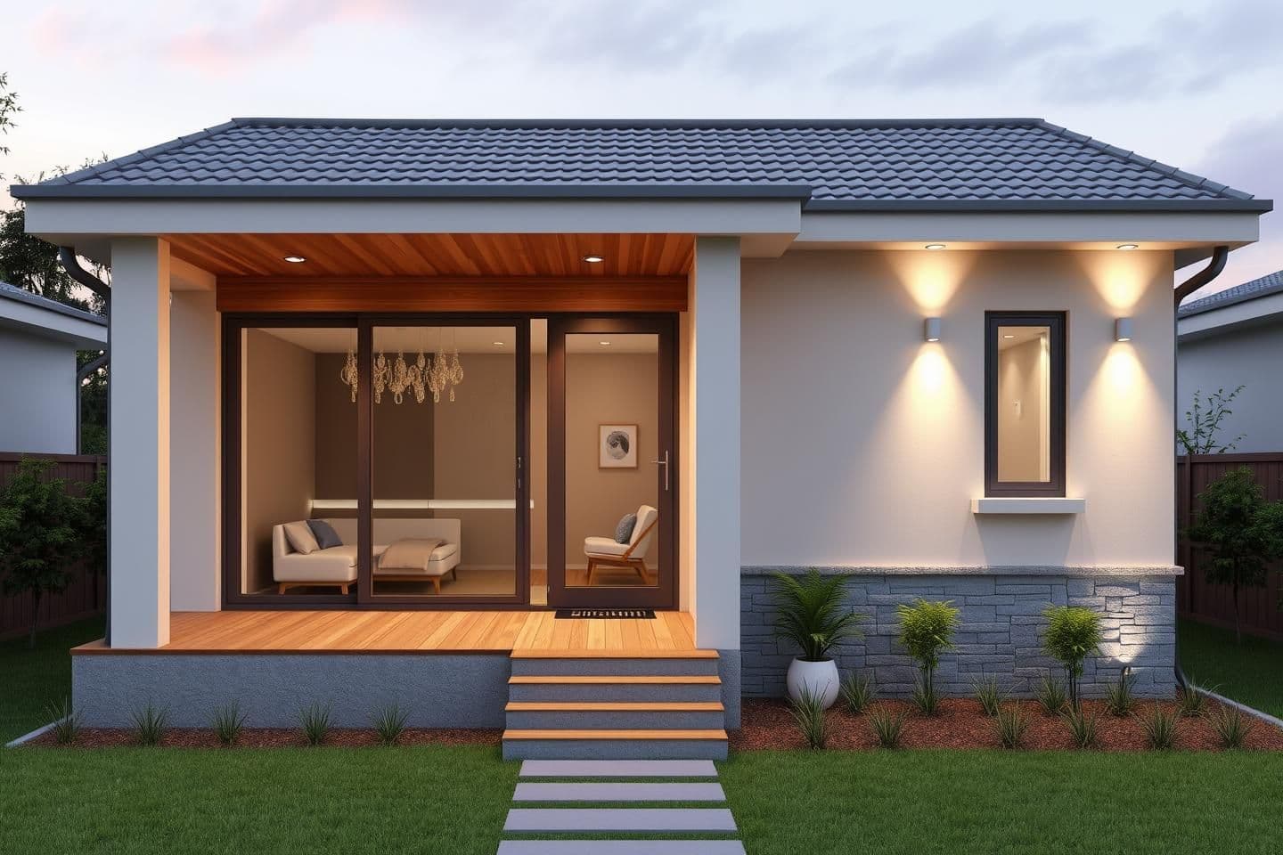 AI generated: 3D rendering of the front exterior of a modern 3-bedroom north-facing compact house on a 3-cent plot. Show the porch, sliding glass doors and windows, warm wood and stone accents,