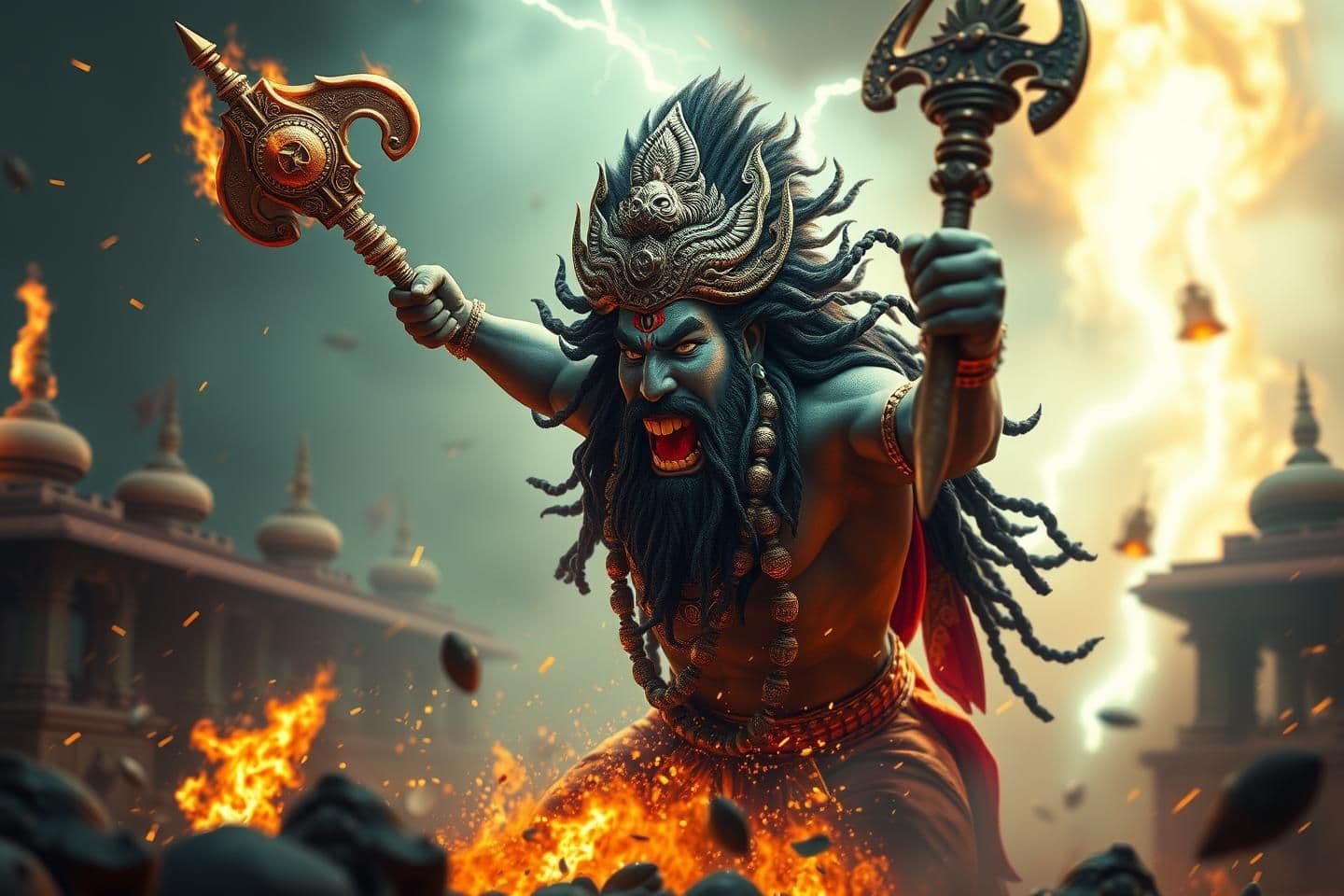AI generated: Ultra-realistic Rudra Hanuman summoning divine weapons: gada, trishul, parashu, chakra.
Weapons floating around him in a tornado of fire and wind.
Face full of rage, teeth shin