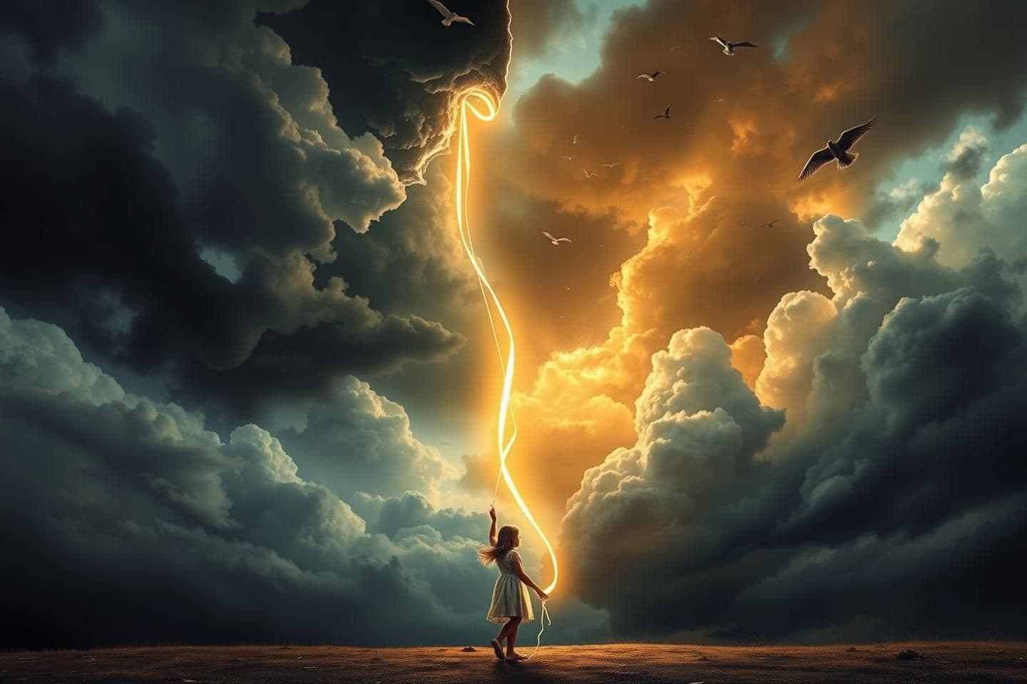AI generated: A young girl standing on the ground is pulling down the sky with a long glowing ribbon, as if she is dragging the entire dark stormy sky open. The sky splits into two halves: one s