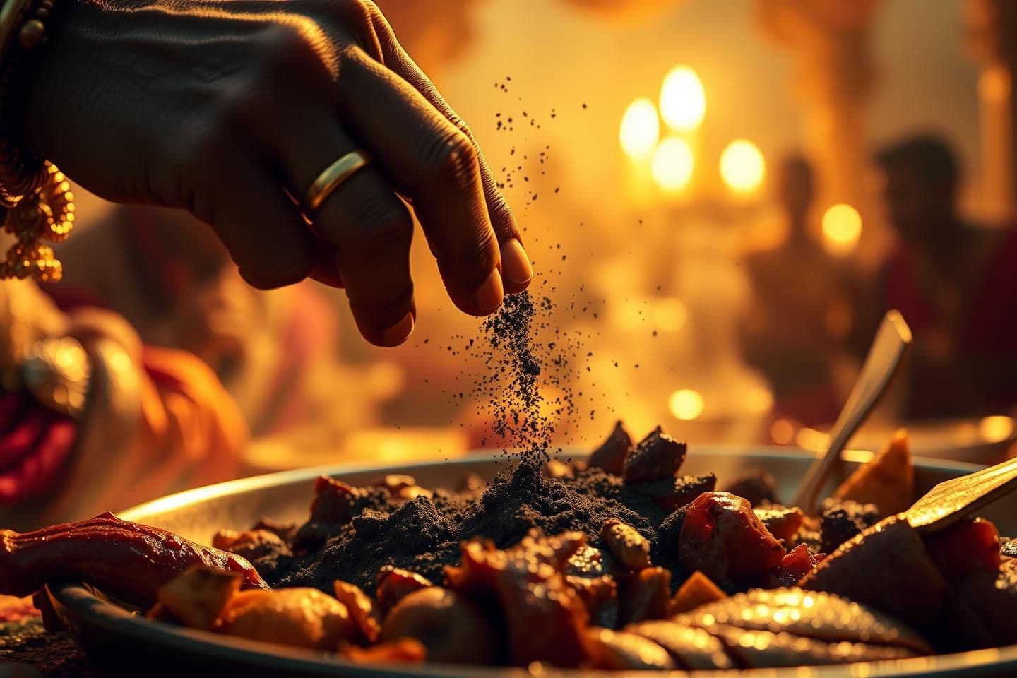 AI generated: “Ultra HD 8K close-up: Duryodhana’s hand sprinkling fine dark poison powder into Bhima’s food. Hyperrealistic textures: grains of powder floating midair, illuminated by dramatic si