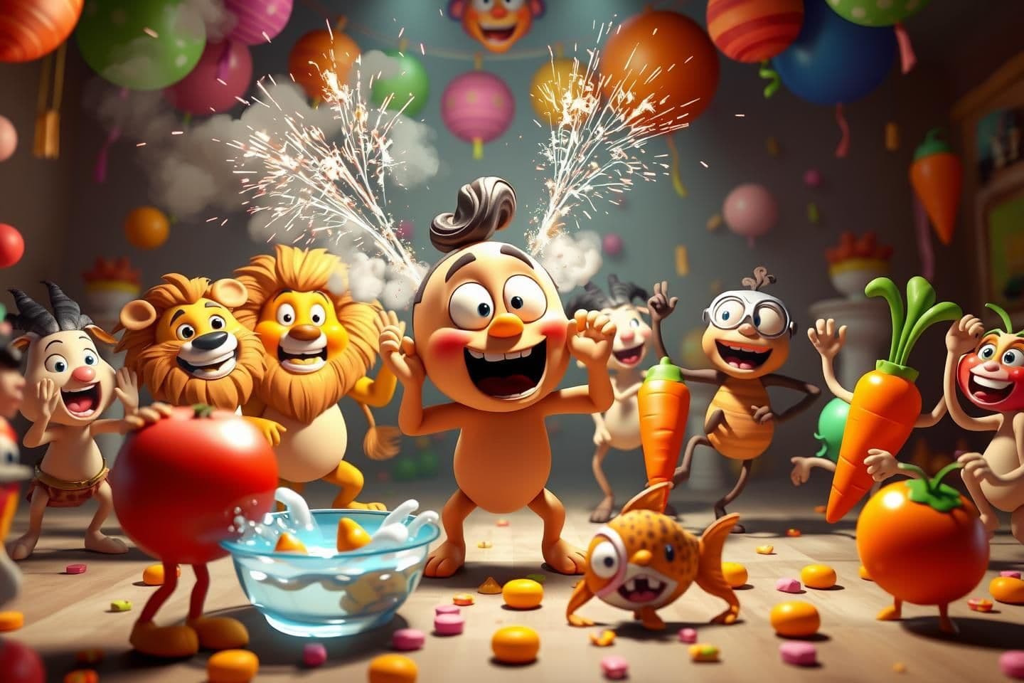 AI generated: A chaotic, hilarious 3D animated party scene. In the center, a cartoon character has just eaten a 'laddu' and has comical smoke and firework sparks shooting out of their ears with