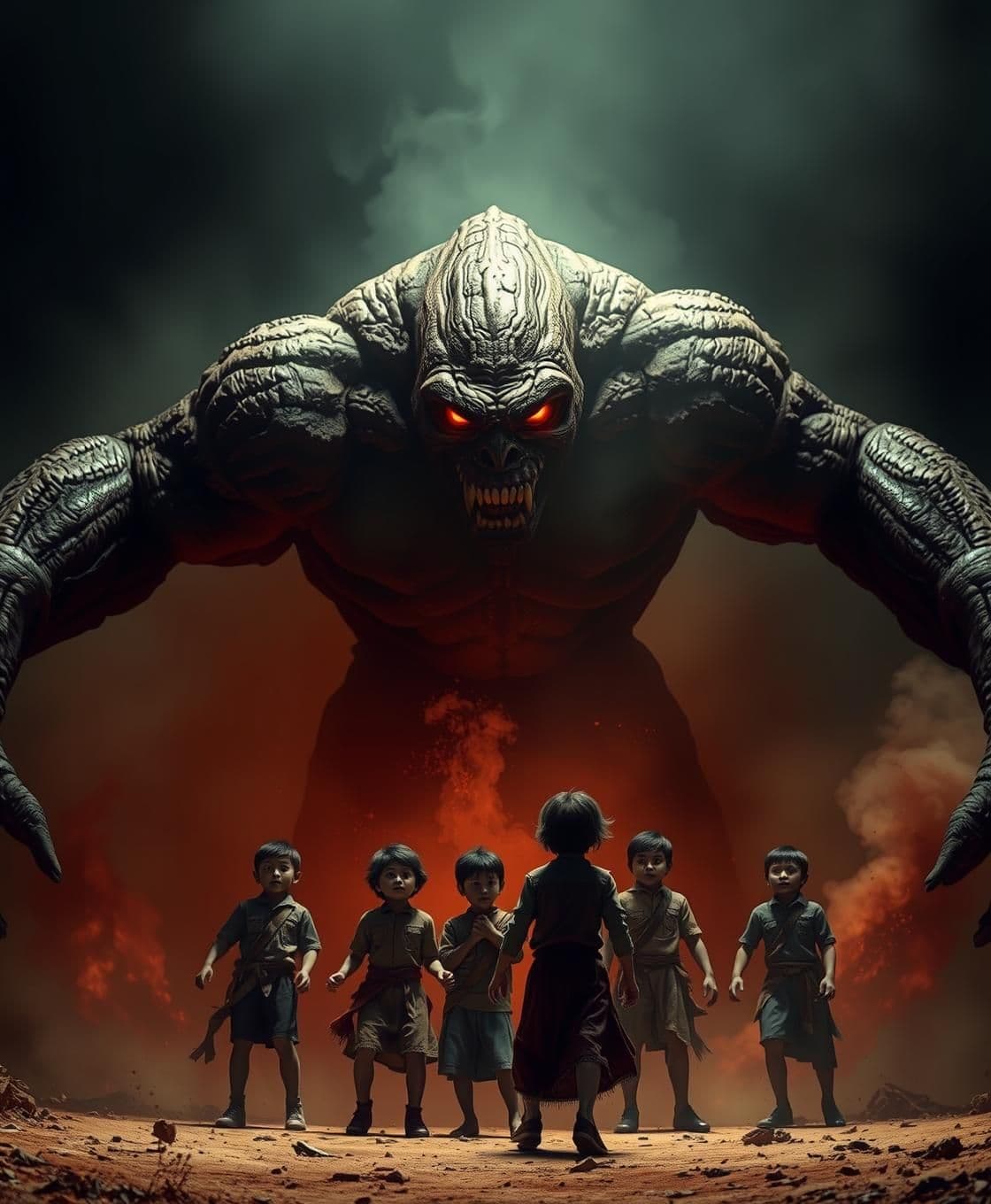 AI generated: Generate 9:16 resolution image Gaanv ke beech ek bada, dark-brown scary monster Wakasur enters, 12-15 feet height, glowing red eyes, rough cracked skin, long arms, children shocked