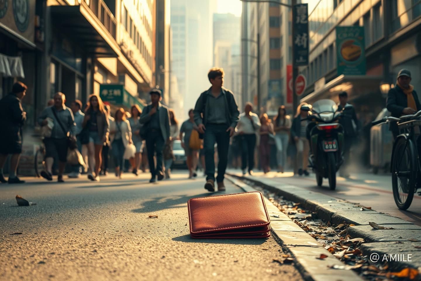 AI generated: Scene: Same busy urban street, few seconds after wallet is revealed. Morning sunlight, bustling with pedestrians and passing vehicles. Slight tension builds as one individual notic