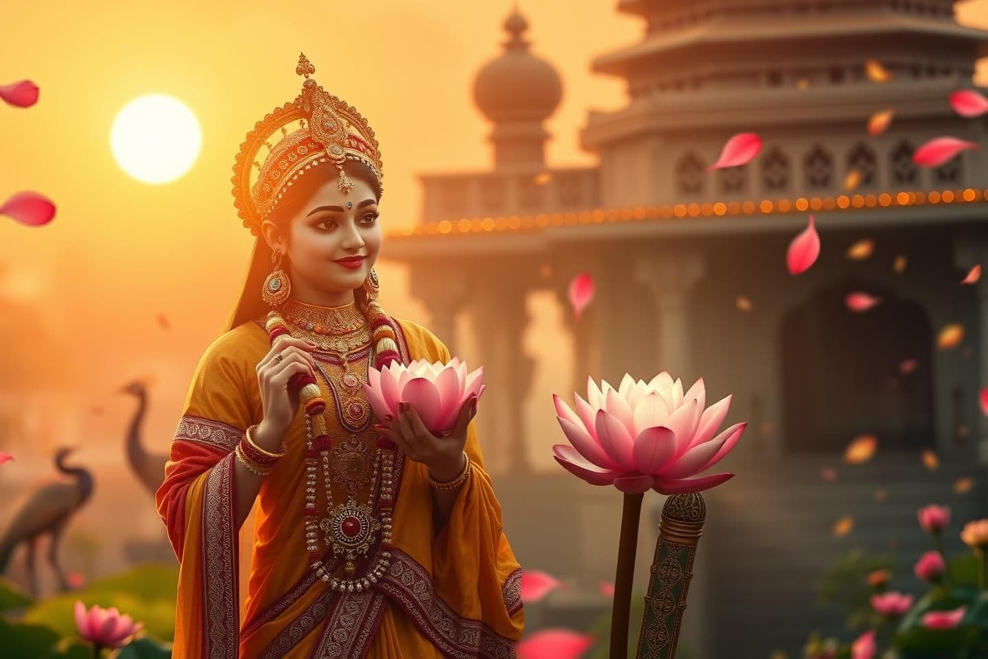 AI generated: A serene devotional cinematic background for 16:9 video editing, Radha Rani standing gracefully, divine glowing aura, soft golden sunrise light, Vrindavan temple background, peacoc