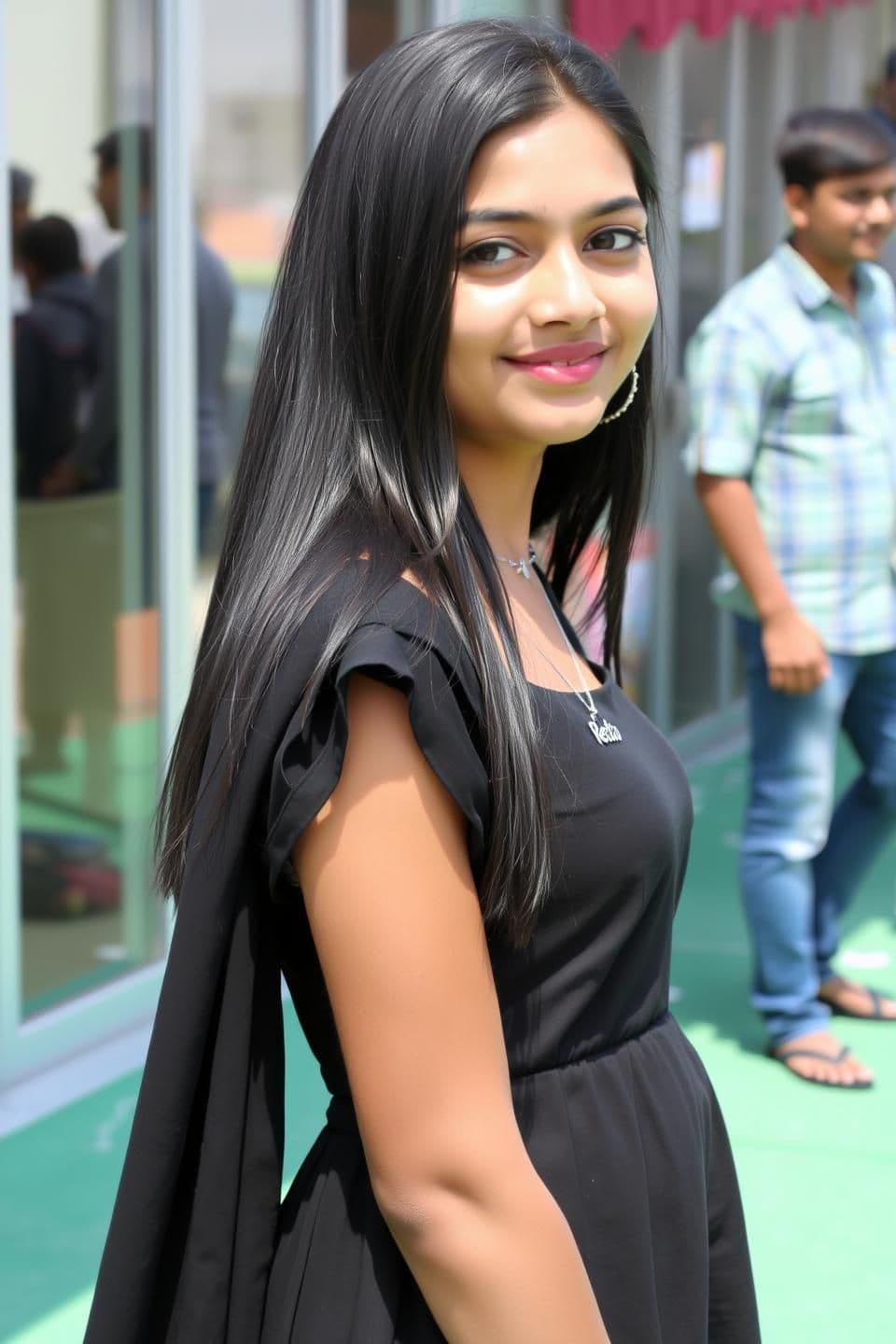 AI generated: A young Indian woman, likely in her early fourteens , is the main subject. She is wearing large silver earrings. Her dark hair is long and straight. She has fair skin, and a subtle