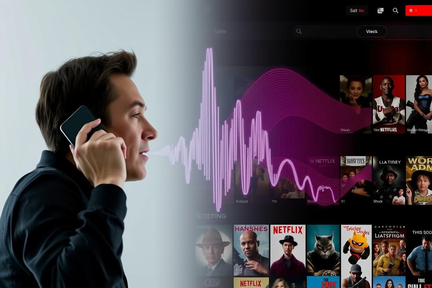 AI generated: A split image showing a person talking into a smartphone on one side and a vibrant waveform or speech-to-text visualization on the other.A screenshot of a streaming service (like N