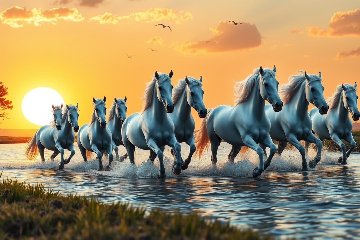AI generated: “Eight majestic white horses running together through shallow water at high speed, golden sunset sky glowing behind them, large bright sun near the horizon, dramatic orange clouds,