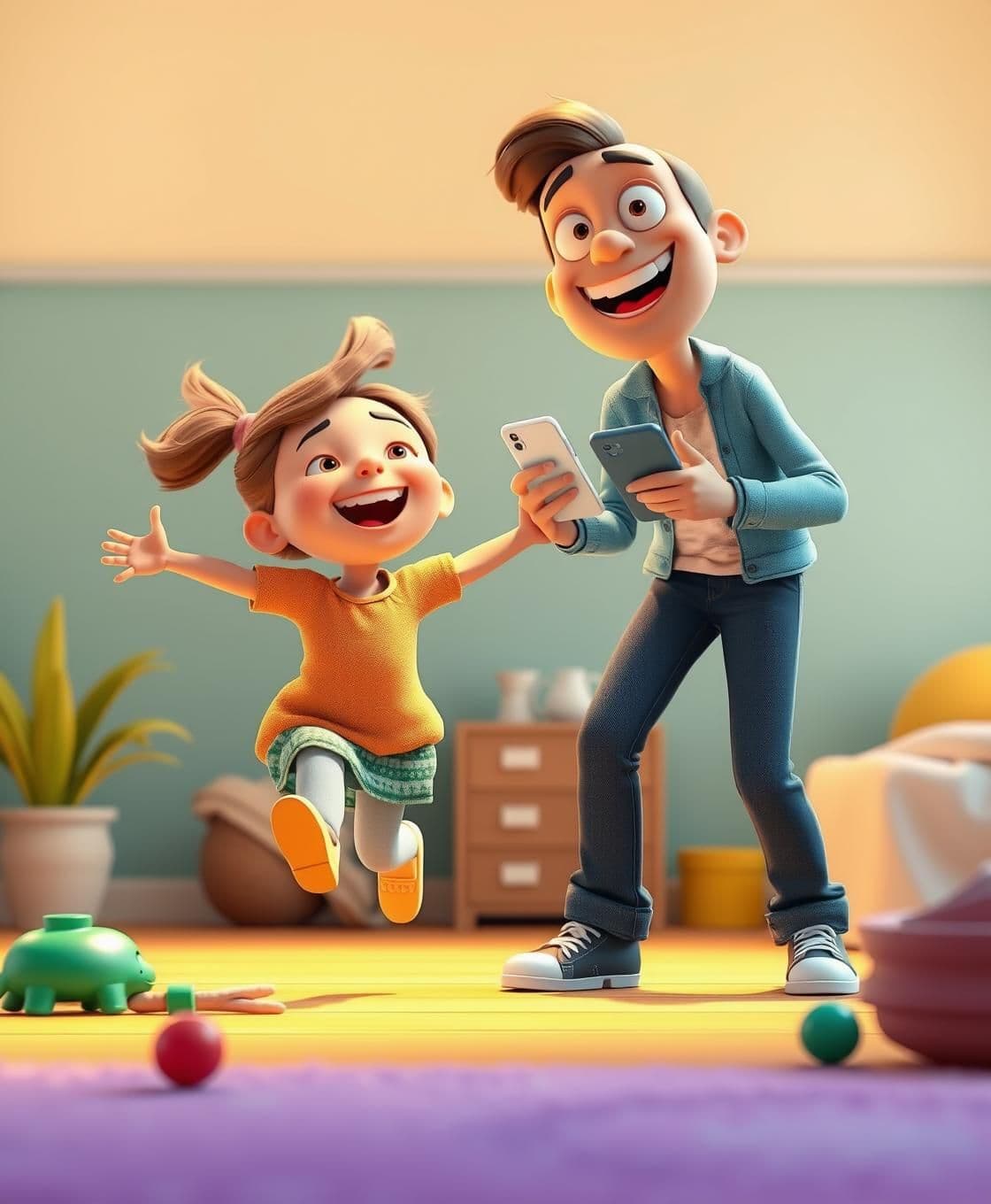 AI generated: Create a 3D-style animated image of a small girl running joyfully toward her father with open arms. The father bends slightly forward with a big smile, ready to lift her, while sti