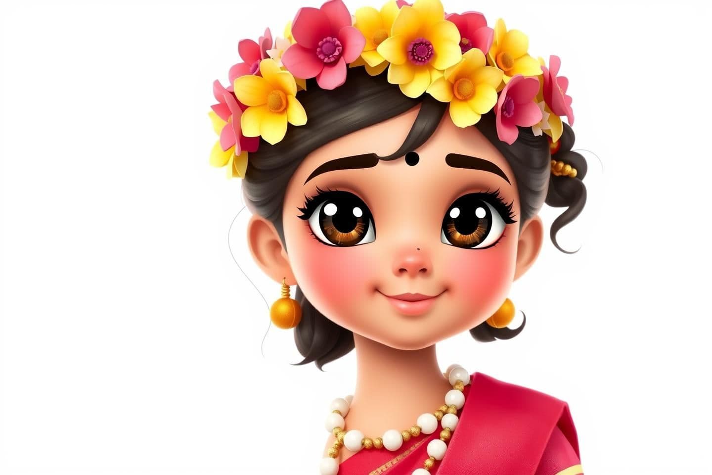 AI generated: A beautiful 10-year-old girl character, no background — pure white or transparent background. She has big, shiny eyes with thick black kajal, soft pink eyeshadow above the eyes, an