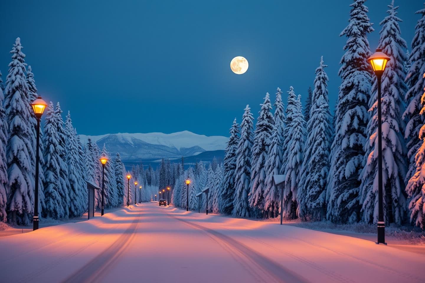 AI generated: A serene winter landscape at dusk, featuring a snow-covered road winding through tall, snow-laden trees. The scene is illuminated by softly glowing street lamps that cast a warm go