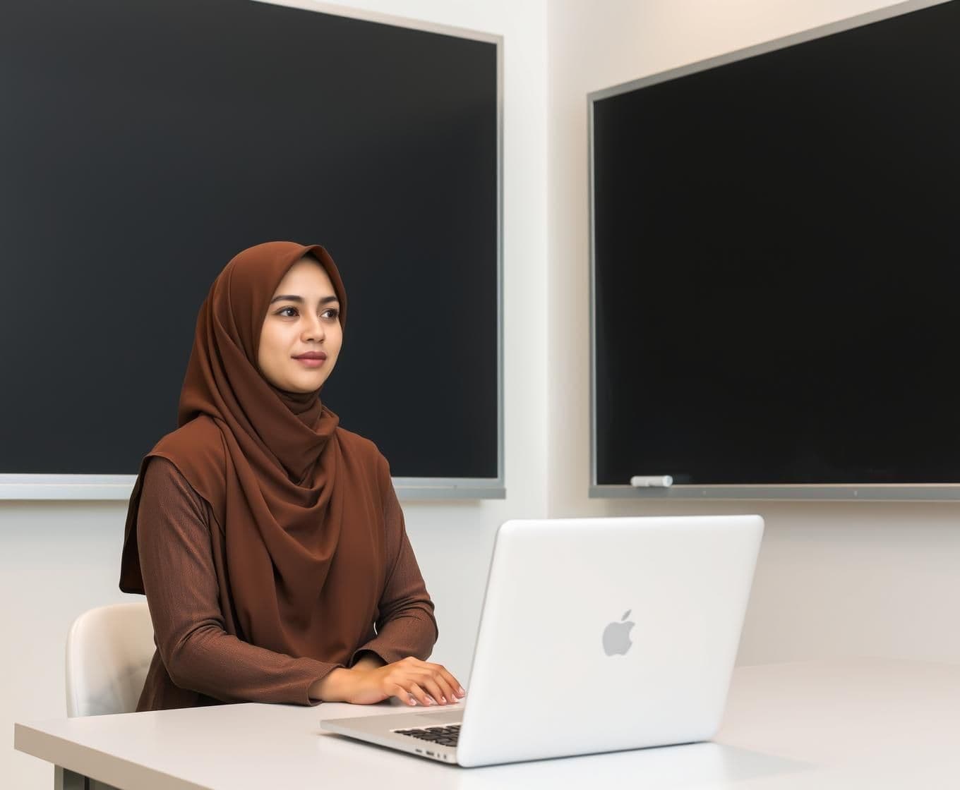 AI generated: A modest Muslim woman wearing a hijab, sitting on the left side of the scene. On the right side, there is a large blackboard covering the wall. In front of the woman, on the table,