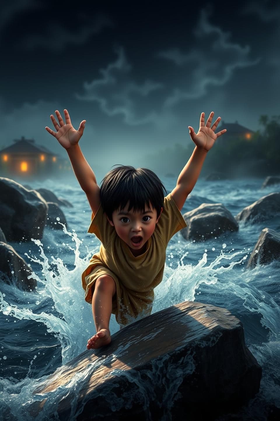AI generated: small 6–8-year-old village boy with wet black hair, simple beige shirt and half pants, slips on a wet rock and falls into the fast-flowing dark river. His arms flail in panic as wa
