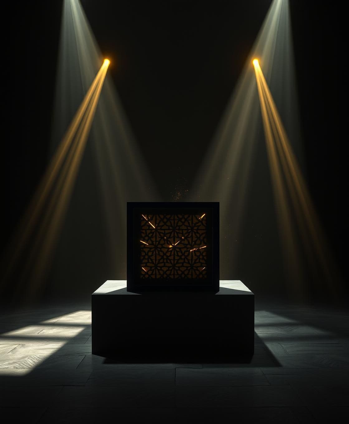 AI generated: A cinematic, dark room atmosphere with dramatic lighting. In the center, a sleek black box sits on a stone pedestal. The box has intricate, barely-visible geometric patterns across