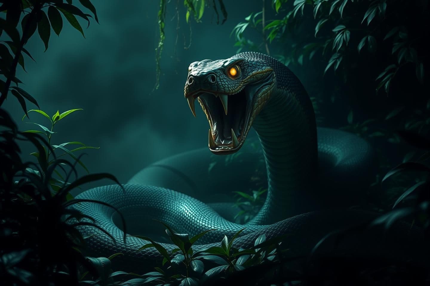 AI generated: Dense dark jungle filled with thick green plants and fog. A full-length dangerous snake completely visible from head to tail, positioned in the jungle. The snake has its mouth wide